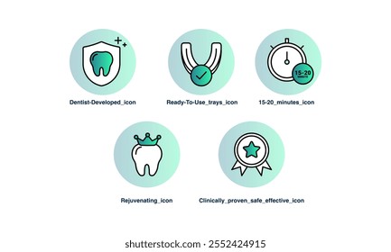 Iconos del sistema de blanqueamiento dental desarrollado por el dentista: bandejas listas para usar, resultados rápidos, rejuvenecedores, clínicamente probados