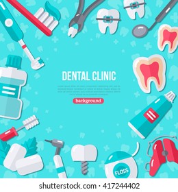 Dentistry Banner With Flat Icons on Blue Background. Vector illustration. Dental Concept Frame. Healthy Clean Teeth. Dentist Tools and Equipment.