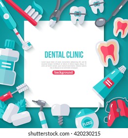 Cartel De Odontología Con Iconos Planos. Ilustración vectorial. Marco de concepto dental. Dientes sanos y limpios. Herramientas y equipo para dentistas.