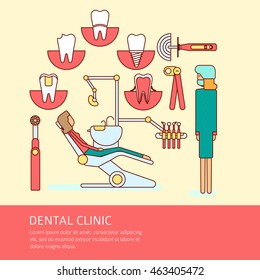 Dentistry Banner With Flat Icons. Vector illustration. Dental Clinic Frame. Healthy Clean Teeth. Dentist Tools and Equipment.
