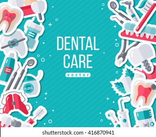 Dentistry Banner With Flat Sticker Icon Set. Vector illustration. Dental Concept. Healthy Clean Teeth. Dentist Tools and Equipment.