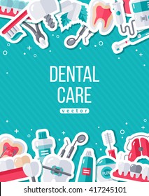 Dentistry Banner With Flat Sticker Icon Set. Vector illustration. Dental Concept. Healthy Clean Teeth. Dentist Tools and Equipment.