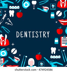 Dentistry banner with icons and dental care symbols. Dentist tools and equipment vector elements. Leaflet, advertisement