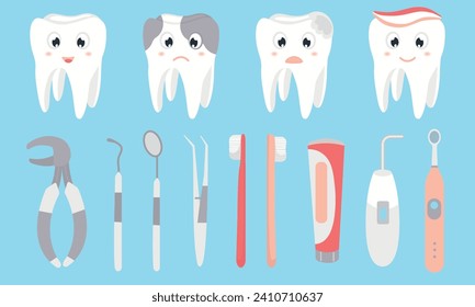 Dentistry banner on blue background. Cute tooth sick and healthy. Dentist office, dental healthcare concept, oral hygiene. Orthodontics clinic vector illustration.