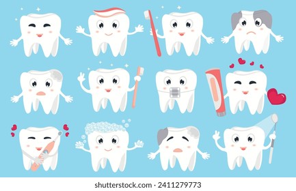 Dentistry banner on blue background. Cute tooth sick and healthy. Dentist office, dental healthcare concept, oral hygiene. Orthodontics clinic vector illustration.