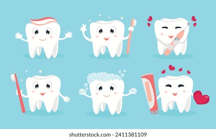 Dentistry banner on blue background. Cute tooth sick and healthy. Dentist office, dental healthcare concept, oral hygiene. Orthodontics clinic vector illustration.