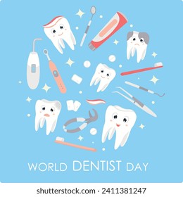 Dentistry banner on blue background. Cute tooth sick and healthy. Dentist office, dental healthcare concept, oral hygiene. Orthodontics clinic vector illustration.