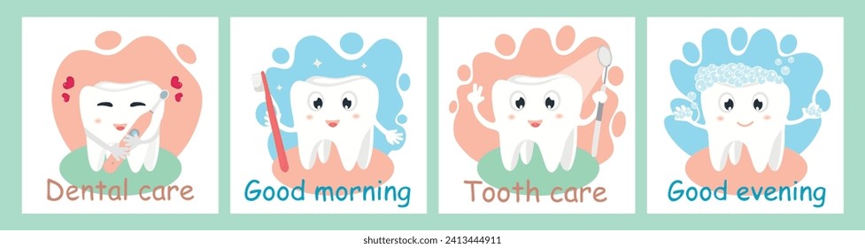 Dentistry banner set. Cute tooth postcard, poster. Happy dentist day, international dentist day. Dentist office, dental healthcare concept, oral hygiene. Orthodontic clinic vector illustration.