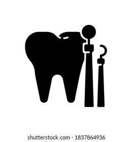 Dentistry black glyph icon. Dental medicine and health. Endodontics and orthodontics. Stomatology. Teeth treatment. Oral medicine. Silhouette symbol on white space. Vector isolated illustration