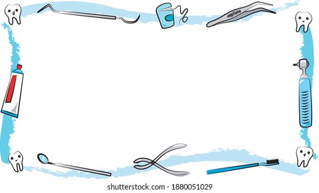 dentistry border with molars, toothbrush, tweezers, milling machine and mirror