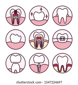 Dentistry. Caries. Stomatology. Teeth. Braces. Implant - Vector Icon Set