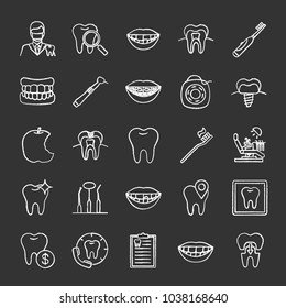 Dentistry chalk icons set. Stomatology. Dental clinic services, instruments, teeth hygiene, problems. Isolated vector chalkboard illustrations