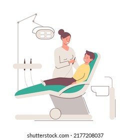 Dentistry. Child sitting in dentist chair. Healthy teeth. Orthodontist. Vector flat illustration