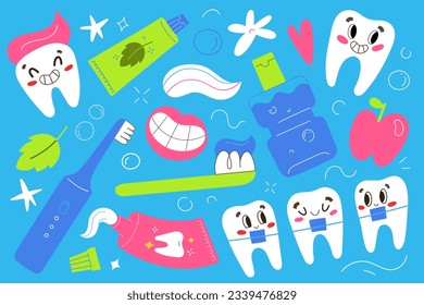 Dentistry for children, smiling tooth character, cute teeth with braces, toothpaste, brush and mouthwash illustrations, dental care, items for oral hygiene for kids, isolated cartoon clipart