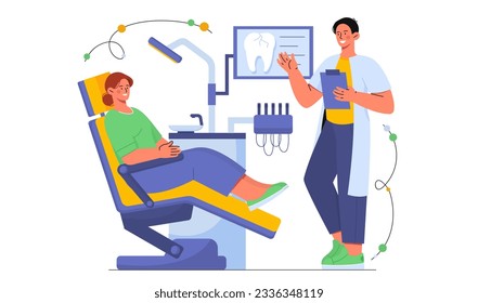 Dentistry clinic concept. Man in medical gown communicates with woman on chair. Treatment and oral hygiene, healthcare. Dental technician setting implant. Cartoon flat vector illustration