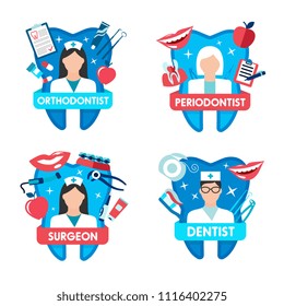 Dentistry clinic emblem with dentist, oral surgeon, orthodontist and periodontist for dental health care design. Tooth and doctor icon with floss, braces and implant, toothbrush, toothpaste and tool