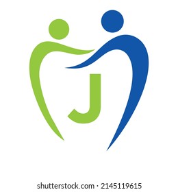 Dentistry Clinic Logo On Letter J Concept. Family Dental Care Symbol. Dental Dentist Logo Sign