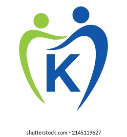Dentistry Clinic Logo On Letter K Concept. Family Dental Care Symbol. Dental Dentist Logo Sign