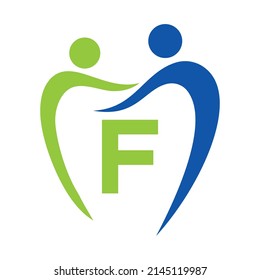 Dentistry Clinic Logo On Letter F Concept. Family Dental Care Symbol. Dental Dentist Logo Sign
