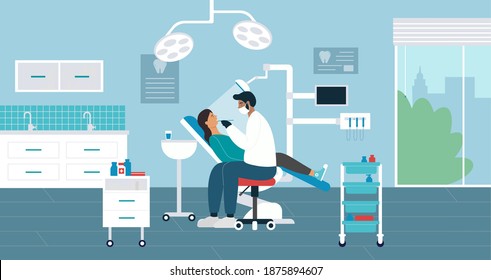 Dentistry clinic medicine examination vector illustration. Cartoon man dentist character medical holding instruments, examining patient woman teeth on dental exam in hospital room interior background