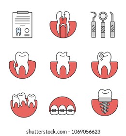 Dentistry color icons set. Medical report, toothache, dental instruments, gingivitis, broken tooth, caries, implant, braces, crooked teeth. Isolated vector illustrations