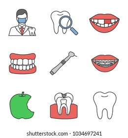 Dentistry color icons set. Stomatology. Dentist, teeth check, denture, missing tooth, dental drill, braces, bitten apple, caries, healthy molar. Isolated vector illustrations