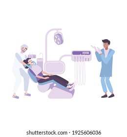 Dentistry composition with flat images and view of dental operation with patient doctor and assistant vector illustration