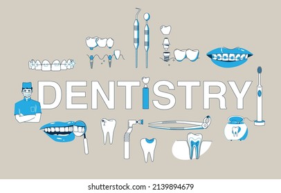 Dentistry composition with flat text surrounded by isolated tooth and mouth icons with tools and implants vector illustration
