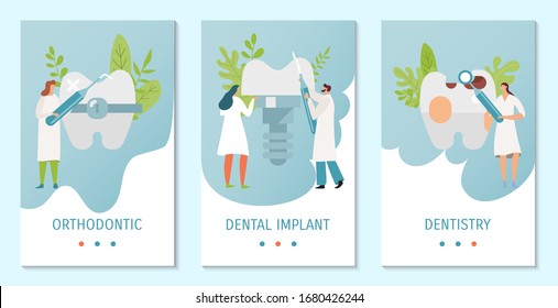 Dentistry concept banners, orthodontic care service and tooth implant in stomatology clinic, vector illustration. Tiny people dentist and nurse, cartoon character in flat style. Oral hygiene procedure