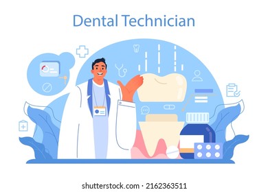 Dentistry concept. Dental doctor in uniform treating human teeth using medical equipment. Dental technician setting an implant or veneer. Flat vector illustration