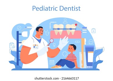 Dentistry concept. Dental doctor in uniform treating human teeth using medical equipment. Dental technician setting an implant or veneer. Flat vector illustration