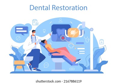 Dentistry concept. Dental doctor in uniform treating human teeth using medical equipment. Dental technician setting an implant or veneer. Flat vector illustration