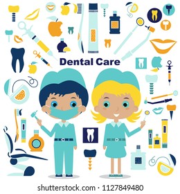 Dentistry concept with dental health instruments and dentist doctor avatar vector illustration