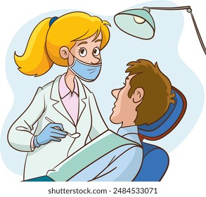 Concepto de odontología. Una dentista trata los dientes. Paciente acostado en una silla médica. Diagnóstico del examen, procedimiento médico, clínica dental. ilustración de carácter de Vector