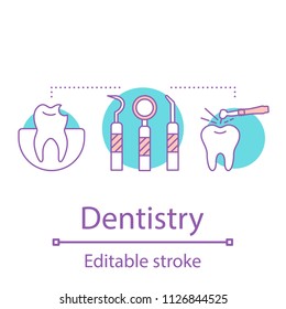 Dentistry concept icon. Tooth restoration idea thin line illustration. Dental treatment. Stomatology. Vector isolated outline drawing. Editable stroke