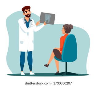 Dentistry concept. Man dentist shows x-ray picture tooth to patient. Woman at consultation doctor. Tooth inspection diagnosis, treatment appointment in dental clinic. Vector character illustration