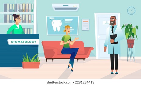 Dentistry concept with people scene in the background cartoon design. Woman is waiting in the corridor of dentistry for an appointment with a doctor. Vector illustration.