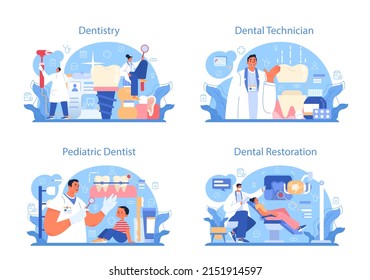 Dentistry concept set. Dental doctor in uniform treating human teeth using medical equipment. Dental technician setting an implant or veneer. Flat vector illustration