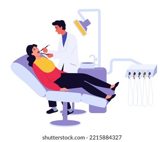 Dentistry concept. Woman sitting in the stemmatological chair. Dentist is examining clint’s cavity, teeth. Stomatology banner. Tooth treatment, cure. Caries prevention. Flat vector illustration.