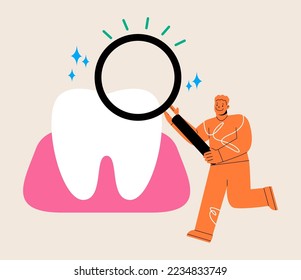 Concepto de odontología. Un hombre joven revisa dientes. Ilustración vectorial colorida
