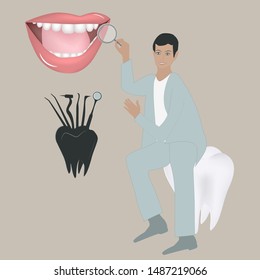 Dentistry - a cute young doctor with a magnifying glass in his hand, a female mouth, beautiful teeth - vector. Tooth protection. Dentist icon.