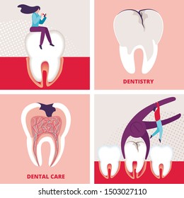 Dentistry and Dental Care Banners Set. Stomatology Clinic Office Aid Posters. Cavity and Caries Treatment Service, Health Care Preventive Measures, Tooth Deletion. Cartoon Flat Vector Illustration