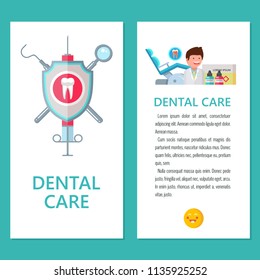 Dentistry. Dental care. Vector illustration in flat style. Promotional dental flyer with space for text. Dentist, dental chair, instruments. Logo of dentistry.
