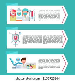 Dentistry. Dental care. Vector illustration in flat style. Set of banners with sets of design elements on the theme of dentistry. Doctors, patients, tools.