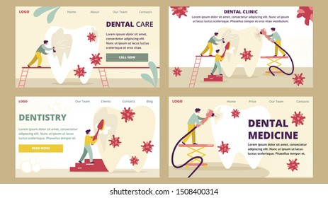 Dentistry and Dental Clinic Medicine Care Horizontal Banners Set. Dentists with Medical Equipment and Stomatology Instrument Tool Professional Treatment Tooth Checkup Cartoon Flat Vector Illustration