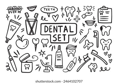 Dentistry dental doodle icon set. Hand drawn line stomatology, dental, odontology . Vector illustration