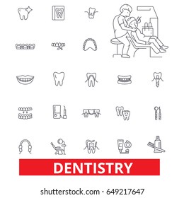 Dentistry, dentist, dental, dental care, dentist office, teeth, smile, implant line icons. Editable strokes. Flat design vector illustration symbol concept. Linear signs isolated on white background