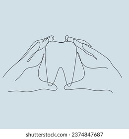 Dentistry, dentist and tooth, Caries treatment and teeth cleaning Line art. Minimalist illustration