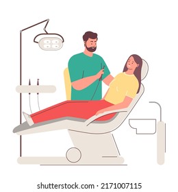 Dentistry. Dentist treats patients tooth. Dental Clinic Vector Flat Illustration