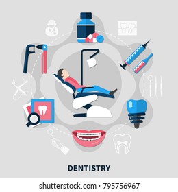 Dentistry design concept with patient in medical armchair and tools for dental care flat vector illustration 